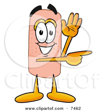 Clipart Picture of a Bandaid Bandage Mascot Cartoon Character Waving and Pointing by Mascot Junction