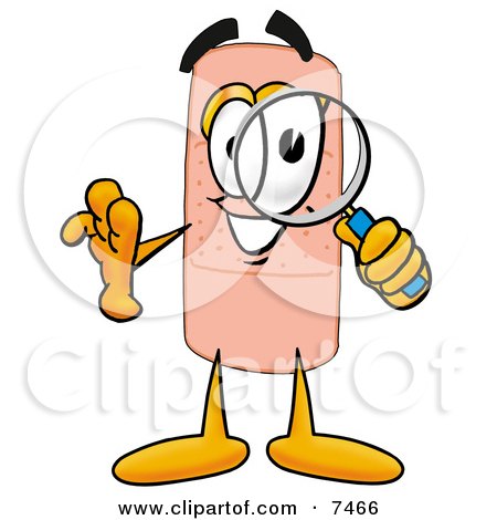 Clipart Picture of a Bandaid Bandage Mascot Cartoon Character Looking Through a Magnifying Glass by Mascot Junction