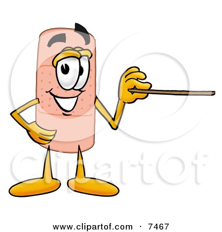 Clipart Picture of a Bandaid Bandage Mascot Cartoon Character Holding a Pointer Stick by Mascot Junction