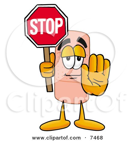 Clipart Picture of a Bandaid Bandage Mascot Cartoon Character Holding a Stop Sign by Mascot Junction