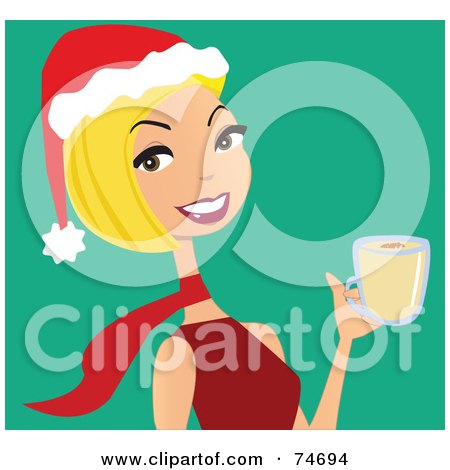 Royalty-Free (RF) Clipart Illustration of a Friendly Blond Woman In A Santa Hat, Drinking Egg Nog by peachidesigns