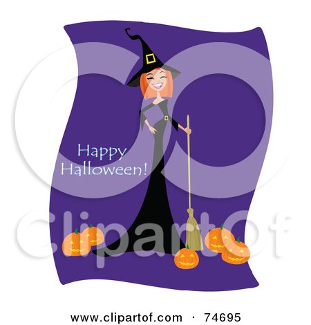 Royalty-Free (RF) Clipart Illustration of a Laughing Red Haired Witch With A Broom And Pumpkins, With Happy Halloween Text by peachidesigns
