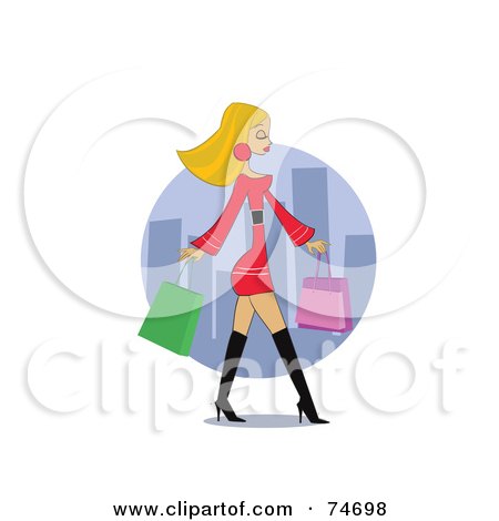 Royalty-Free (RF) Clipart Illustration of a Stylish Blond Woman In Boots And A Red Dress, Carrying Shopping Bags In A City by peachidesigns