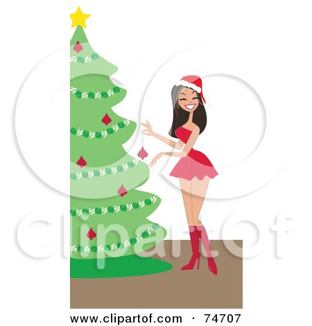Royalty-Free (RF) Clipart Illustration of a Pretty Woman In A Santa Dress, Decorating A Christmas Tree by peachidesigns