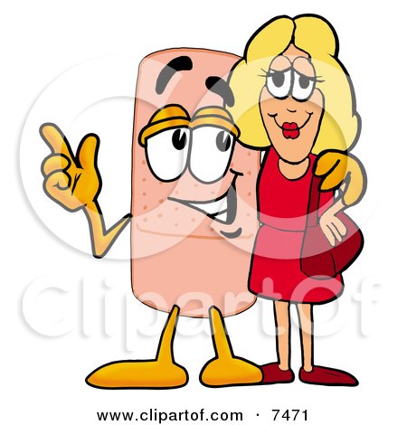 Clipart Picture of a Bandaid Bandage Mascot Cartoon Character Talking to a Pretty Blond Woman by Mascot Junction