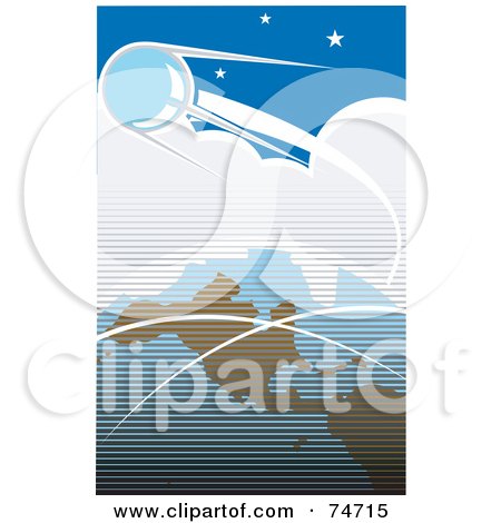 Royalty-Free (RF) Clipart Illustration of a Blue Retro Scene Of Sputnik Orbiting Around Earth by xunantunich