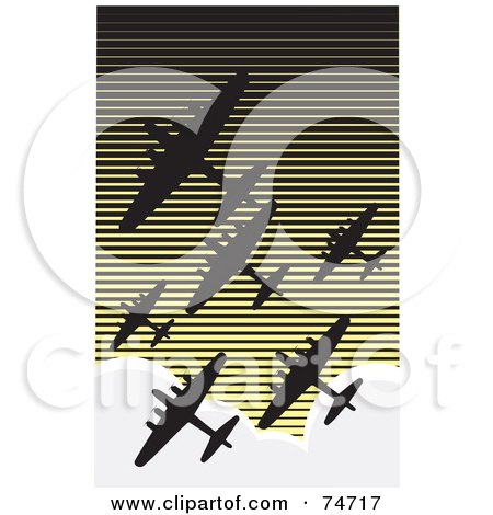 Royalty-Free (RF) Clipart Illustration of a Silhouetted World War II Military Bomber Fleet Of Over A Retro Sky by xunantunich