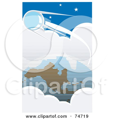 Royalty-Free (RF) Clipart Illustration of a Blue Retro Scene Of Sputnik Orbiting Around Clouds And Earth by xunantunich