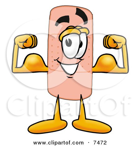 Clipart Picture of a Bandaid Bandage Mascot Cartoon Character Flexing His Arm Muscles by Mascot Junction