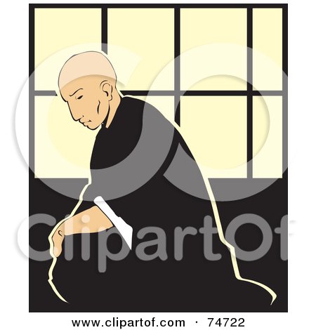 Royalty-Free (RF) Clipart Illustration of a Shinto Priest Reflecting On Life And Sitting Against Japanese Paper Windows by xunantunich