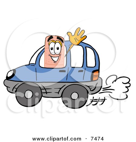 Clipart Picture of a Bandaid Bandage Mascot Cartoon Character Driving a Blue Car and Waving by Mascot Junction