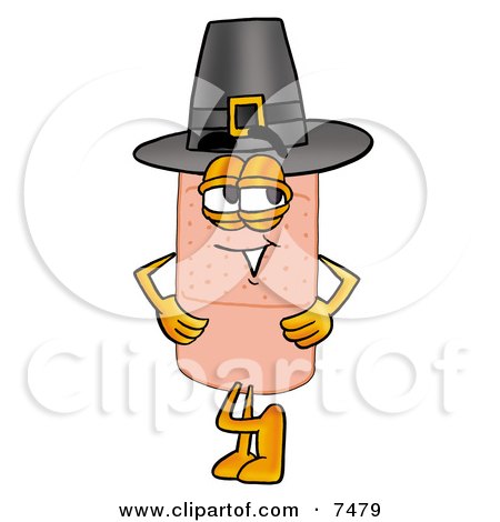 Clipart Picture of a Bandaid Bandage Mascot Cartoon Character Wearing a Pilgrim Hat on Thanksgiving by Mascot Junction