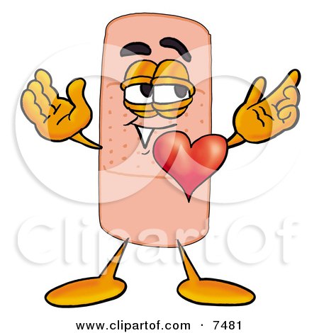 Clipart Picture of a Bandaid Bandage Mascot Cartoon Character With His Heart Beating Out of His Chest by Mascot Junction