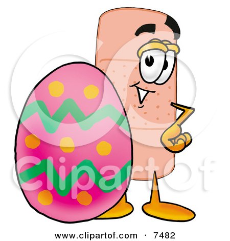 Clipart Picture of a Bandaid Bandage Mascot Cartoon Character Standing Beside an Easter Egg by Mascot Junction