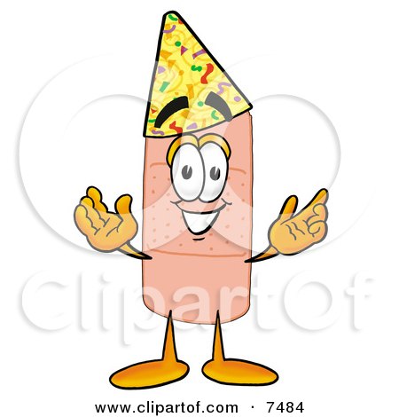 Clipart Picture of a Bandaid Bandage Mascot Cartoon Character Wearing a Birthday Party Hat by Mascot Junction