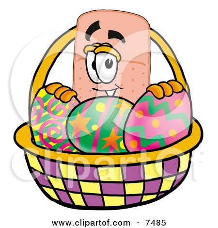 Clipart Picture of a Bandaid Bandage Mascot Cartoon Character in an Easter Basket Full of Decorated Easter Eggs by Mascot Junction