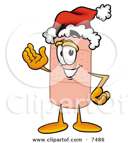 Clipart Picture of a Bandaid Bandage Mascot Cartoon Character Wearing a Santa Hat and Waving by Mascot Junction