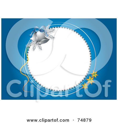 Royalty-Free (RF) Clipart Illustration of a Blue Christmas Or Bridal Background With Silver Bells And Flowers Around A White Circle by MilsiArt