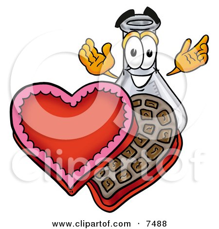 Clipart Picture of an Erlenmeyer Conical Laboratory Flask Beaker Mascot Cartoon Character With an Open Box of Valentines Day Chocolate Candies by Mascot Junction