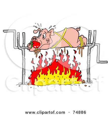 Royalty-Free (RF) Clipart Illustration of a Sweaty Pig Spinning Over A Fire by LaffToon