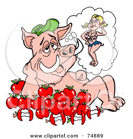 Royalty-Free (RF) Clipart Illustration of a Pig Sitting In Apples, Thinking Of A Female by LaffToon