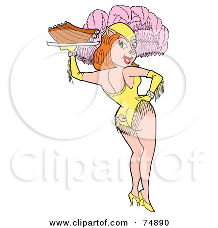 Royalty-Free (RF) Clipart Illustration of a Piggy Showgirl Woman Serving Ribs by LaffToon