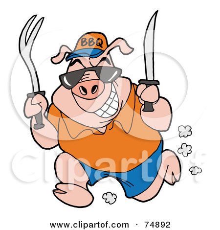 Royalty-Free (RF) Clipart Illustration of a Hungry Male Pig Running With A Fork And Knife by LaffToon