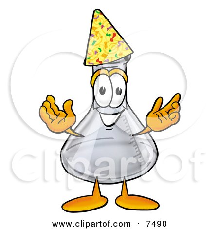 Clipart Picture of an Erlenmeyer Conical Laboratory Flask Beaker Mascot Cartoon Character Wearing a Birthday Party Hat by Mascot Junction