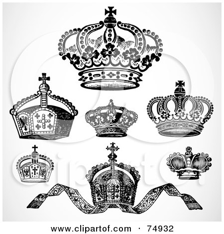 Royalty-Free (RF) Clipart Illustration of a Digital Collage Of Seven Ornate Black And White Crowns by BestVector