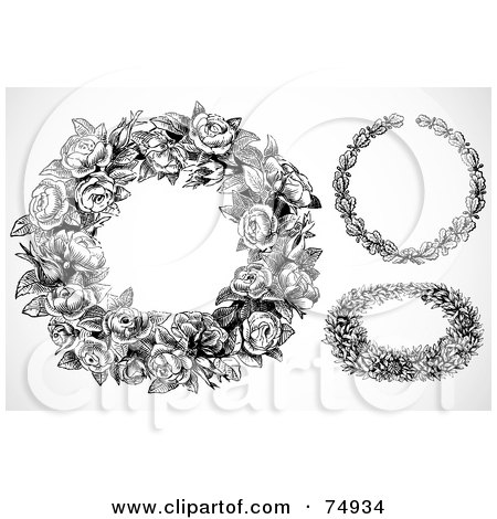 Royalty-Free (RF) Clipart Illustration of a Digital Collage Of 3 Black And White Floral Wreaths by BestVector