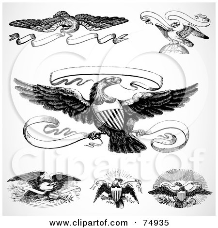 Royalty-Free (RF) Clipart Illustration of a Digital Collage Of Black And White Eagles And Banners by BestVector
