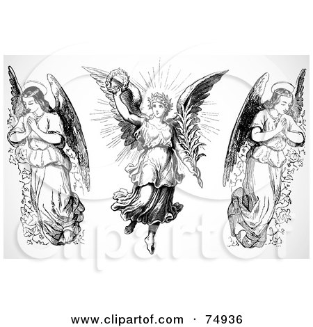 Royalty-Free (RF) Clipart Illustration of a Digital Collage Of Three Black And White Angel Saints by BestVector