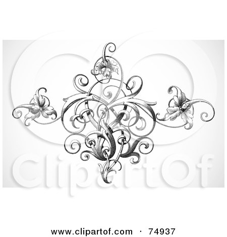 Royalty-Free (RF) Clipart Illustration of a Vintage Black And White Flourish With Flowers by BestVector