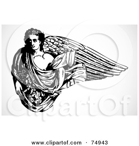 Royalty-Free (RF) Clipart Illustration of a Black And White Strong Male Angel With Long Wings by BestVector
