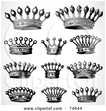 Royalty-Free (RF) Clipart Illustration of a Digital Collage Of 11 Black And White Royal Crowns by BestVector