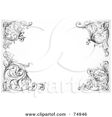 Royalty-Free (RF) Clipart Illustration of a White Background With Ornate Floral Swirl Corners by BestVector