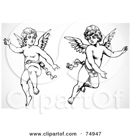 Royalty-Free (RF) Clipart Illustration of a Digital Collage Of Two Black And White Cupid Angels by BestVector