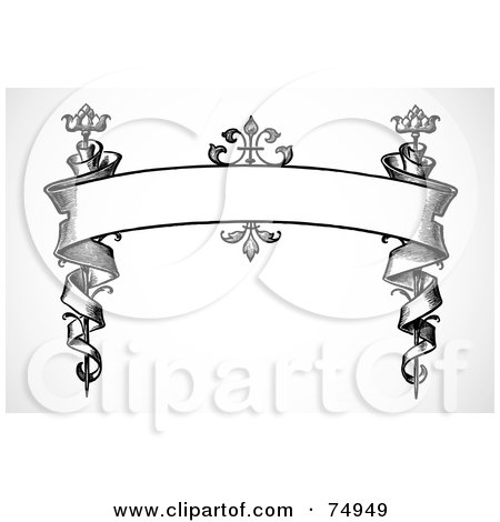 Royalty-Free (RF) Clipart Illustration of a Black And White Ornate Banner Winding Down Posts by BestVector