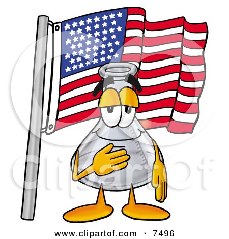 Clipart Picture of an Erlenmeyer Conical Laboratory Flask Beaker Mascot Cartoon Character Pledging Allegiance to an American Flag by Mascot Junction