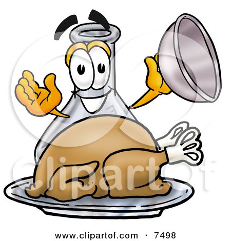 Clipart Picture of an Erlenmeyer Conical Laboratory Flask Beaker Mascot Cartoon Character Serving a Thanksgiving Turkey on a Platter by Mascot Junction
