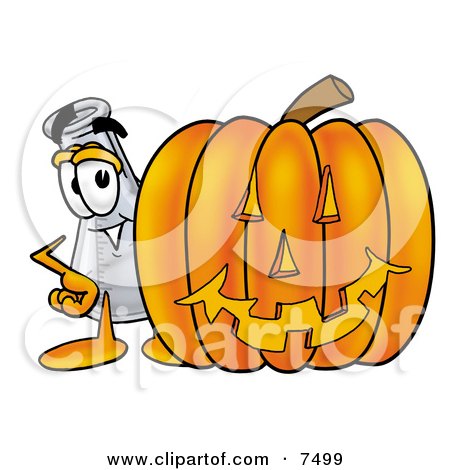 Clipart Picture of an Erlenmeyer Conical Laboratory Flask Beaker Mascot Cartoon Character With a Carved Halloween Pumpkin by Mascot Junction