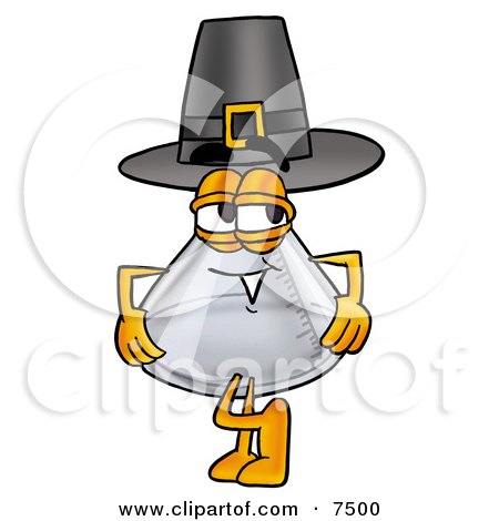 Clipart Picture of an Erlenmeyer Conical Laboratory Flask Beaker Mascot Cartoon Character Wearing a Pilgrim Hat on Thanksgiving by Mascot Junction