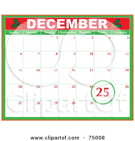 Royalty-Free (RF) Clipart Illustration of a Christmas December Month Calendar With Holly And The 25th Circled by Maria Bell
