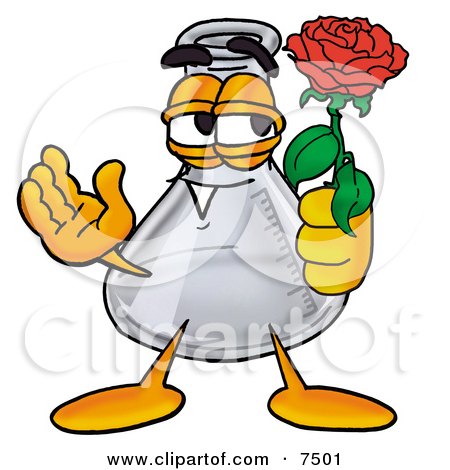 Clipart Picture of an Erlenmeyer Conical Laboratory Flask Beaker Mascot Cartoon Character Holding a Red Rose on Valentines Day by Mascot Junction