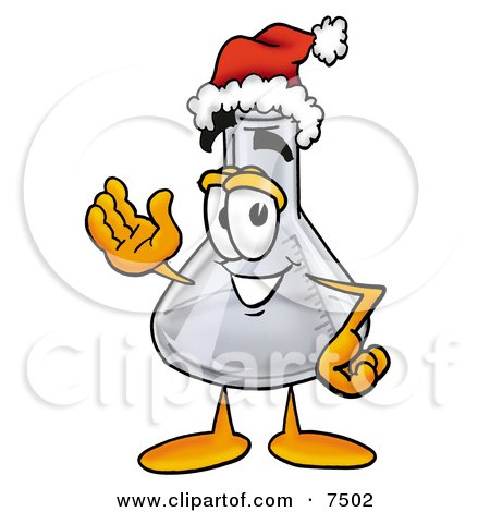 Clipart Picture of an Erlenmeyer Conical Laboratory Flask Beaker Mascot Cartoon Character Wearing a Santa Hat and Waving by Mascot Junction