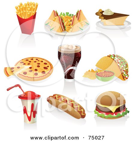 Royalty-Free (RF) Clipart Illustration of a Digital Collage Of Fast Foods; Fries, Club Sandwich, Pie, Pizza, Soda, Taco, Drink, Hot Dog And Cheeseburger by Tonis Pan