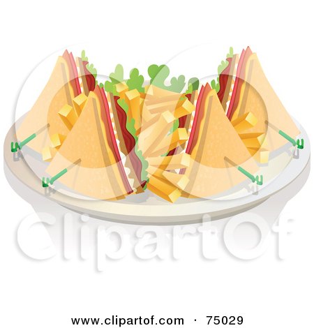 Royalty-Free (RF) Clipart Illustration of a Plate Of Club Sandwich Wedges And French Fries by Tonis Pan