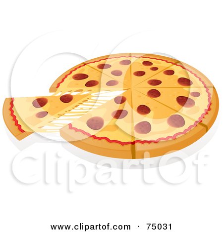 Royalty-Free (RF) Clipart Illustration of a Cheesy Slice Of Pepperoni Pizza Lifting From A Pie by Tonis Pan