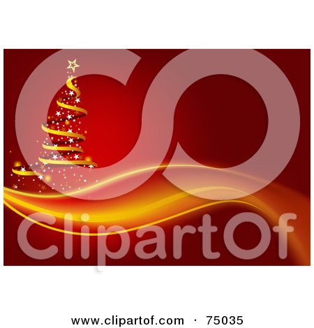 Royalty-Free (RF) Clipart Illustration of a Yellow And Starry Christmas Tree Over A Wave On Red by dero