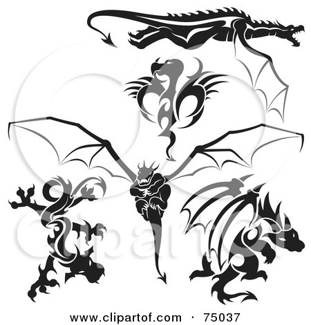 Royalty-Free (RF) Clipart Illustration of a Digital Collage Of Black And White Dragon Tattoo Design Elements - Version 3 by dero